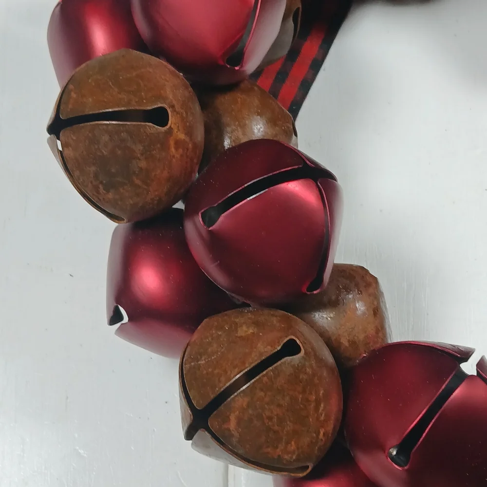 Red & Brown 13” Jingle Bell Metal Christmas Wreath, Holiday Decor Indoor Outdoor